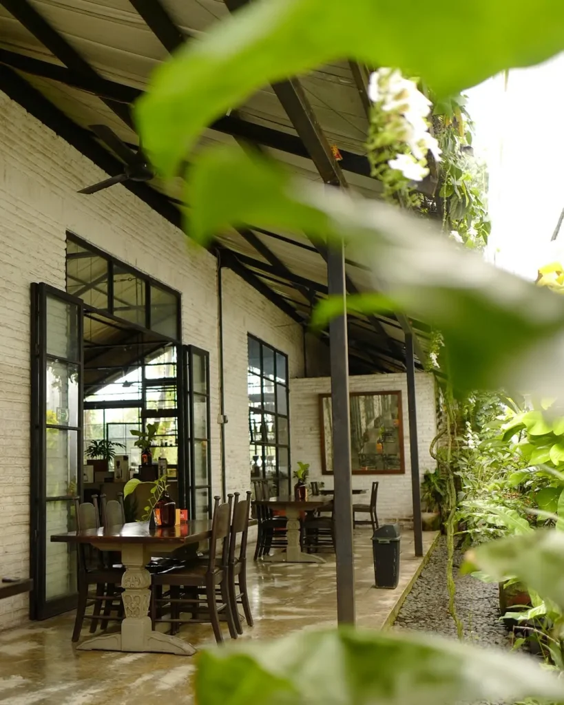 Spot foto estetik di Epic Coffee & Epilog Furniture Jogja dengan latar furnitur kayu dan tanaman hijau.