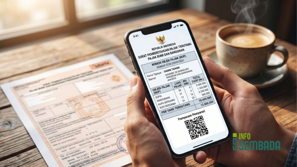 Warga Sleman sedang melakukan cek tagihan PBB secara online menggunakan smartphone.