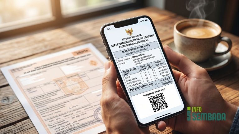 Warga Sleman sedang melakukan cek tagihan PBB secara online menggunakan smartphone.