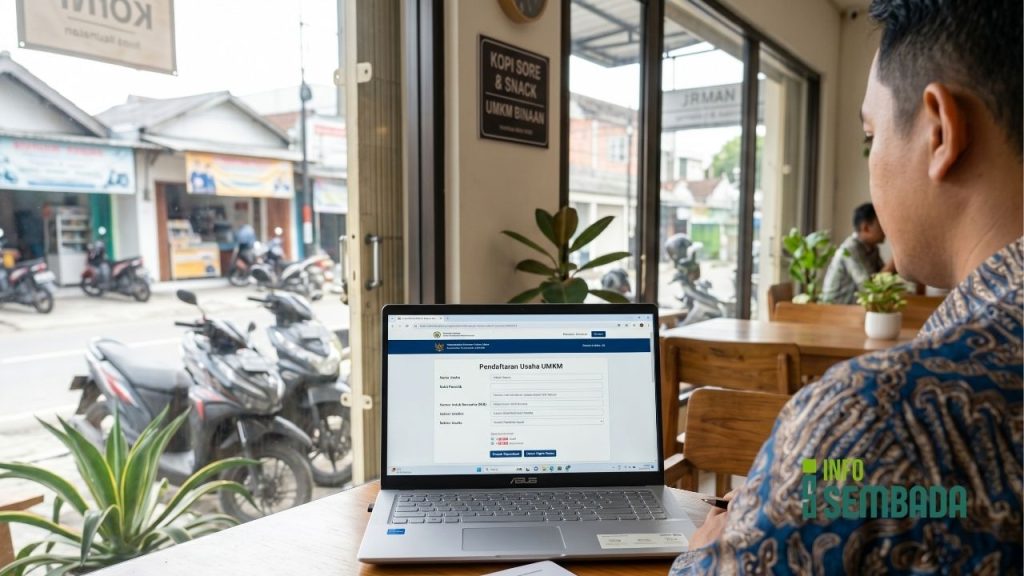 Pelaku UMKM Sleman sedang mendaftar NIB secara online melalui website OSS menggunakan laptop.