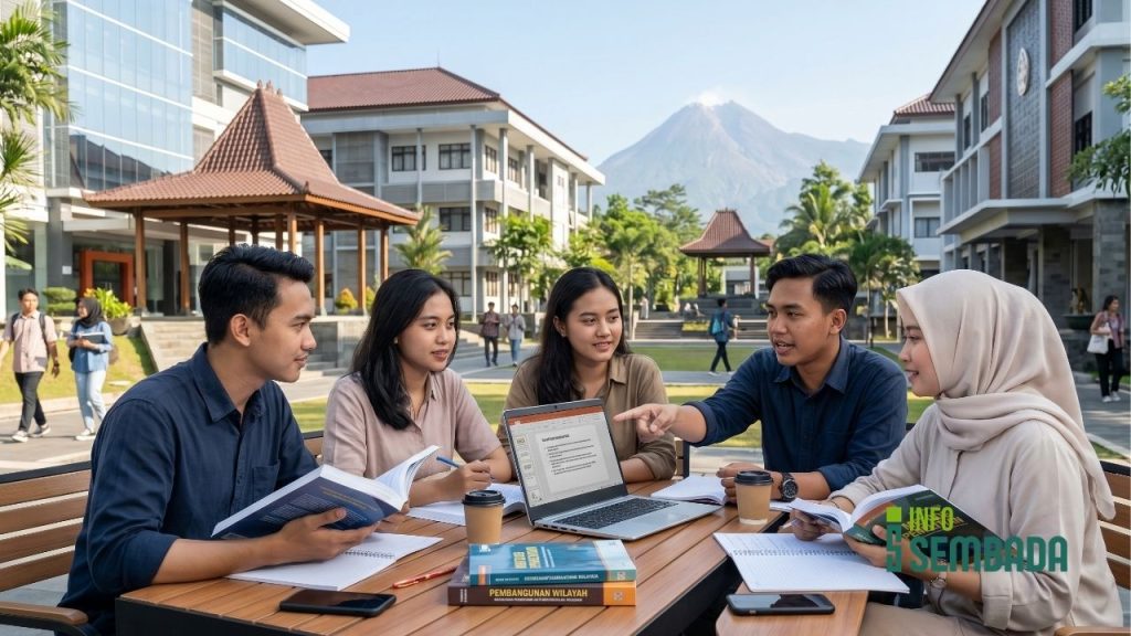 Mahasiswa sedang berdiskusi di area terbuka kampus swasta modern di Kabupaten Sleman.