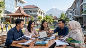 Mahasiswa sedang berdiskusi di area terbuka kampus swasta modern di Kabupaten Sleman.