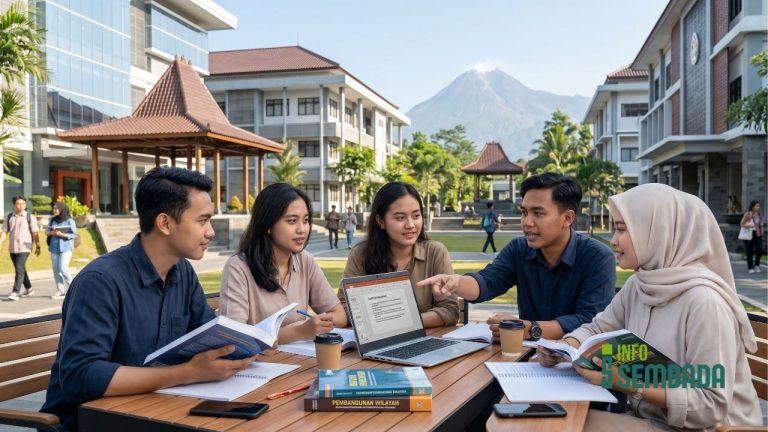 Mahasiswa sedang berdiskusi di area terbuka kampus swasta modern di Kabupaten Sleman.