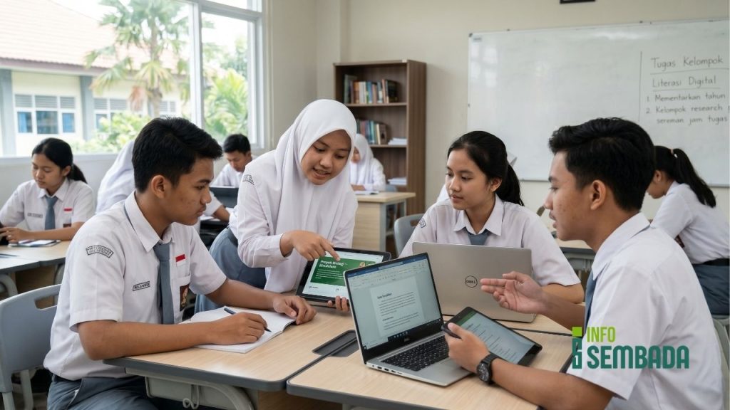 Siswa SMA di Sleman sedang berdiskusi kelompok menggunakan tablet dan laptop di ruang kelas modern.