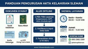 Infografis modern yang menjelaskan syarat dokumen, jadwal jam operasional, dan alur pengurusan Akta Kelahiran anak secara offline di Sleman