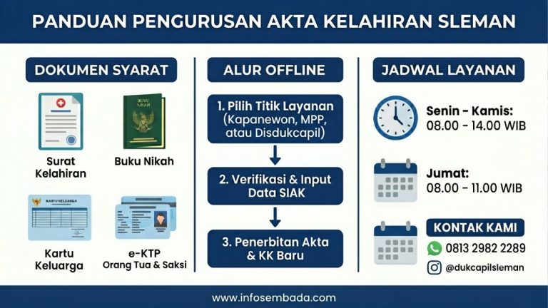 Infografis modern yang menjelaskan syarat dokumen, jadwal jam operasional, dan alur pengurusan Akta Kelahiran anak secara offline di Sleman