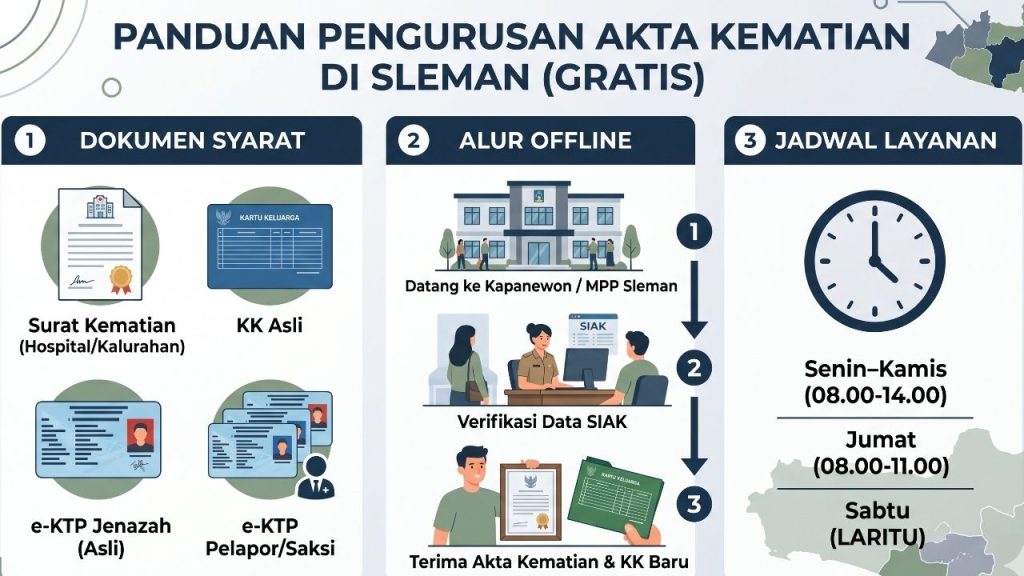 Infografis tata cara, syarat dokumen, dan jadwal pengurusan Akta Kematian secara offline di Kapanewon atau Disdukcapil Sleman