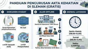 Infografis tata cara, syarat dokumen, dan jadwal pengurusan Akta Kematian secara offline di Kapanewon atau Disdukcapil Sleman