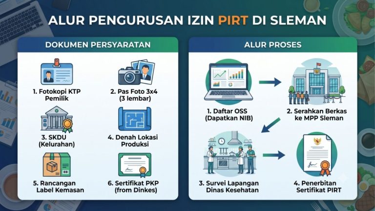 Ilustrasi seorang pelaku UMKM sedang mengurus dokumen perizinan di loket pelayanan publik dengan rapi dan sistematis